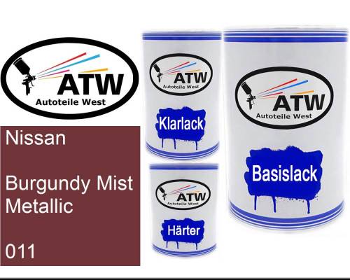 Nissan, Burgundy Mist Metallic, 011: 500ml Lackdose + 500ml Klarlack + 250ml Härter - Set, von ATW Autoteile West.